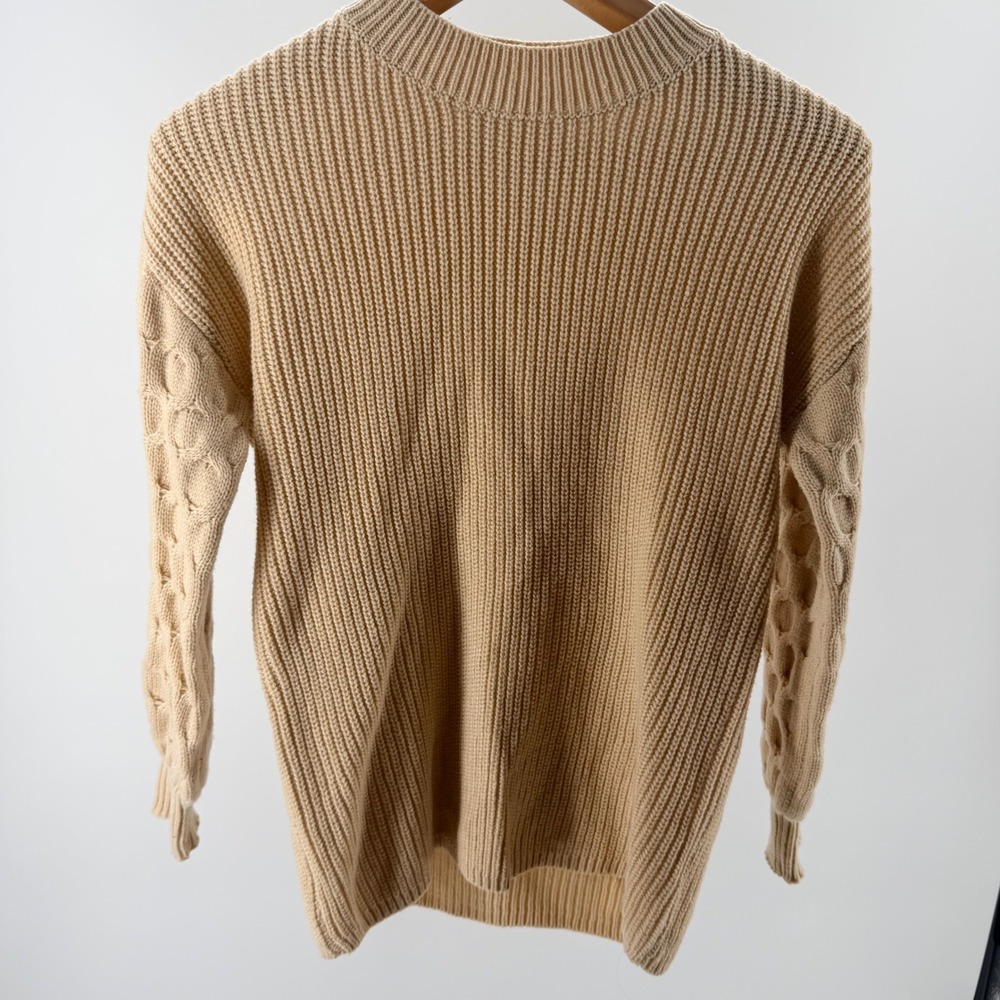 PrettyGarden Womens Tan Ribbed Knit Sweater Cable Bubble Puff Sleeve-Small